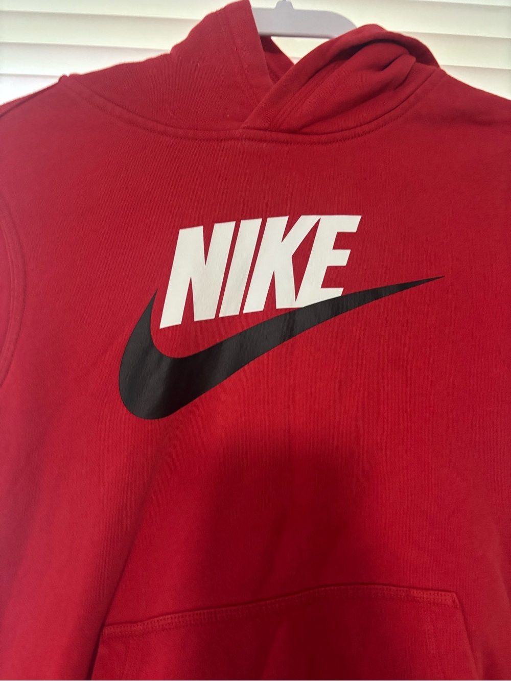 Nike Men’s Red Hoodie with White Logo and Black Swoosh